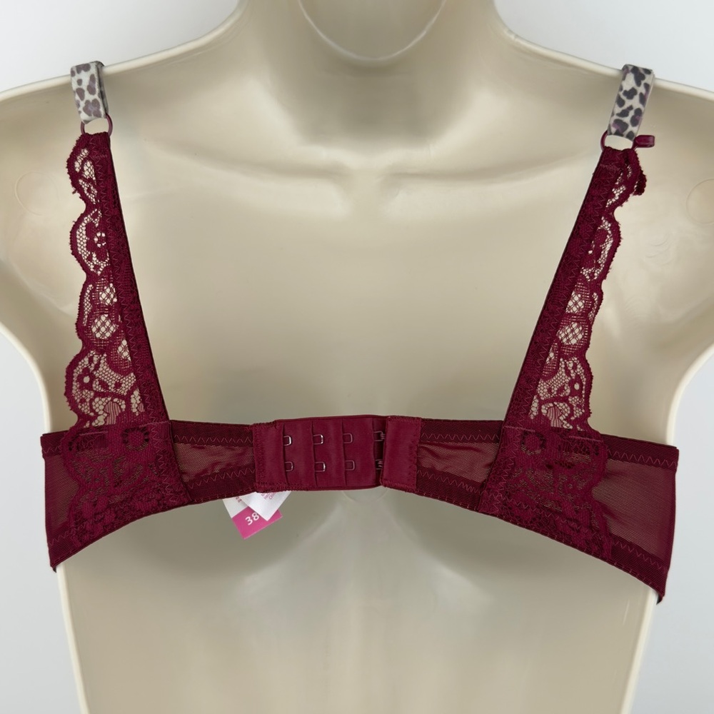 No Boundaries Push Up Bra 38B Burgundy Lace Padded Underwire Leopard Straps - Picture 4 of 8